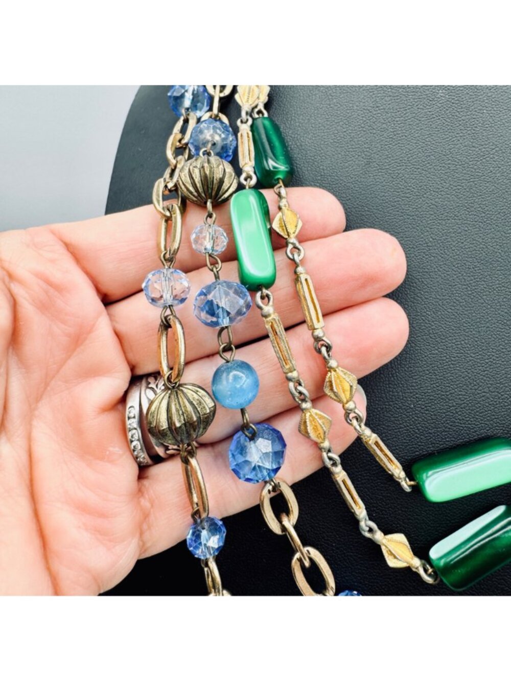 Vintage Station Bead Necklaces Green Blue Glass Beads Gold Tone 36" 48" 1960s - Picture 5 of 6